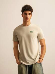 SWAVVY Men Knitted Casual Short Sleeve T-Shirt With Mountain Graphic Print At The Back, Boxy Tee, Boyfriend Gift, Summer