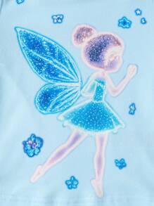 Set de 6 piezas de pijama de niña bebé con parte superior de manga corta y shorts con estampado de dibujos animados que brillan en la oscuridad en azul marino, azul claro y rosa - Multicolor - Ver 5