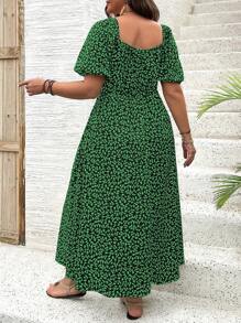Breezaya 大码女式优雅夏季假日碎花前系带方领长泡泡袖连衣裙，适合圣诞节长款女装 - 綠色 - 查看 2