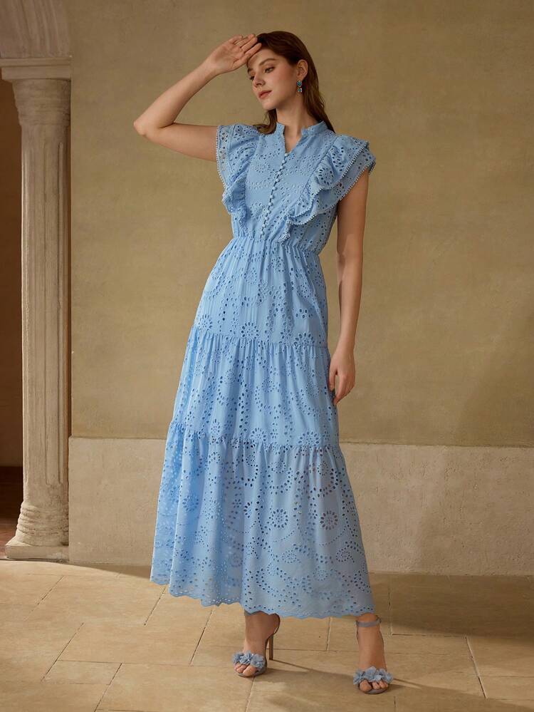 EYELET EMBROIDERY RUFFLE TRIM DRESS