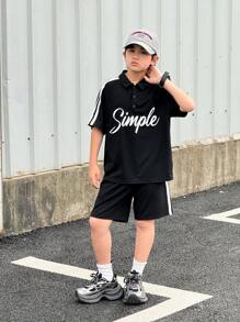 SHEIN 2pcs/Set Tween Boys' Casual Versatile School Style Funny Print Knitted Polo Shirt And Shorts Set, For Summer Stay Home, Outgoing Travel