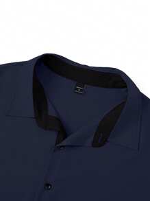 Manfinity Mode 大码男士纯色前扣夏季短袖衬衫 - 藏蓝色 - 查看 4