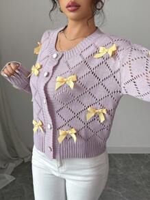 Elenzga Spring/Summer Cardigan With Hollow Bowknot Decor, Lightweight Fall Cloth For Women - Mauve Purple - View 5