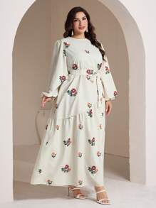 Veilorie Plus Size Floral Print Long Sleeve Belted Dress - Multicolor - View 4