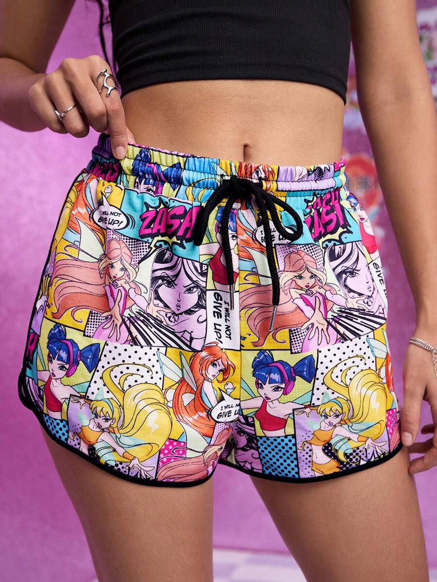 The Winx X SHEIN Women's Summer Y2K Cute Comics Cartoon Figure Graphic Drawstring Waist Shorts, Summer Concert Women Gyaru Disco Rave - Yellow - View 1
