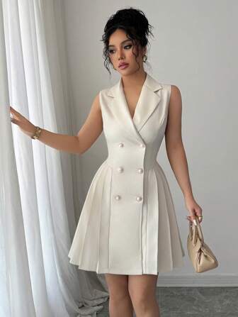 Rafferiza 女式无袖褶皱纯色双排扣优雅连衣裙