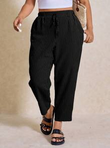 Elaquor Pantalones a rayas en blanco y negro de uso casual y sencillo, para uso diario en todas las estaciones, tallas grandes - Negro - Ver 3