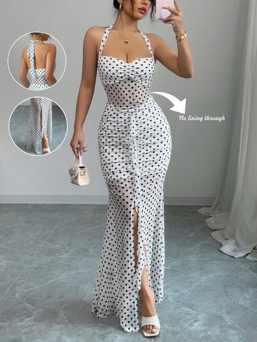 Rafferiza Elegant Spaghetti Strap Backless Digital Print Polka Dot 40D Nylon & Spandex Ruffled Waist Drawstring Fishtail Dress For Women, Spring/Summer