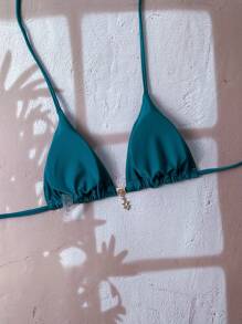 Swim Chiccia Springbreak 女式简约设计纯色肩带金属吊坠比基尼上衣 - 水鴨藍 - 查看 2