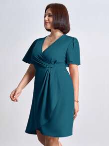 Chikora Plus Size Women Fall Women Solid V-Neck Short Sleeve Elegant Casual Dress,Business Casual Woman