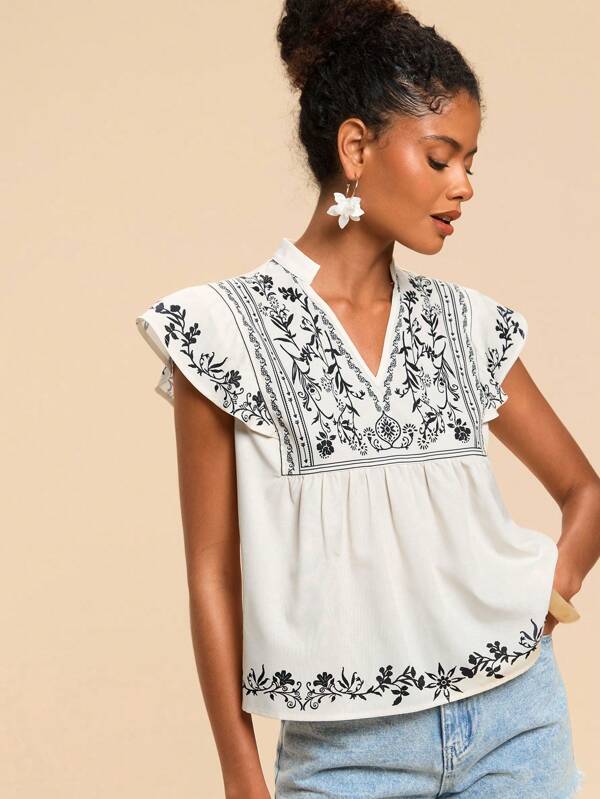 Travachic Floral Print Cap Sleeve Casual Vacation Blouse,Summer,Beach,Western Wear,Concert,Boho,Tropical Vacation