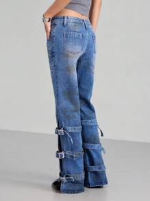LYSMO Jeans casual a zampa con tasche e design con fibbia regolabile per donna