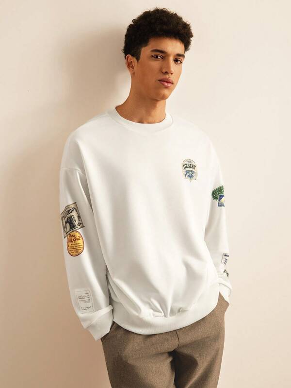SWAVVY Men's Knitted Casual Loose Fit Long Sleeve Sweatshirt Crew Neck Graphic White Sweatshirt, For Friends, Husband, Boyfriend Gifts