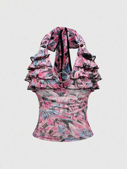 ROMWE Avant Top de tirantes con estampado floral, encaje de contraste, cordón en el cuello, volantes multicapa en el dobladillo para vacaciones y playa de mujer