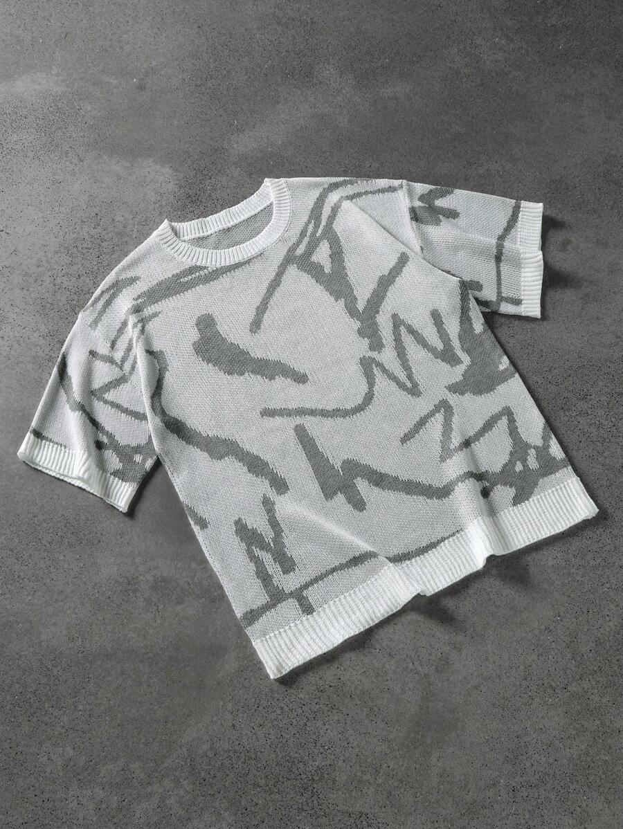 PAVTROS Manfinity Streetrush Men's Casual Daily Contrast Trim Crew Neck Short Sleeve Knit Sweater - Light Grey - View 1