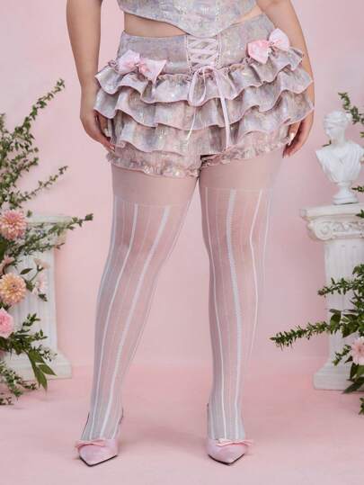 Kawaii زوج من جوارب الحرير ذات نمط نقاط بيضاء وخطوط عمودية