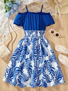 Teen Girls' Summer Off-Shoulder Leaf Print Splice Vacation Dress - Blue - View 1