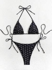 Swim Mod 女士新款性感吊带低腰三角裤黑白波点比基尼套装，夏季 - 黑與白 - 查看 5