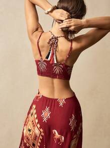 Bohemela BOHO Beach Vacation Style Woven Print Spaghetti Strap Backless Design Dress For Women - Redwood - View 2