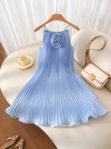 SHEIN Frenchy Vestido de organza azul plisado de talla grande, estilo universitario, apropiado para la temporada de regreso a clases, fiestas, citas