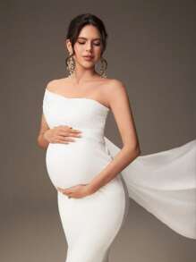 SHEIN Schwangere Frauen einfarbiges Kleid mit asymmetrischem Ausschnitt, elegantes Feenkleid, Fotoshoot-Outfit für Schwangerschaftsfotoshooting