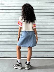 SHEIN Explorewe 2 件套女童夏季短袖短款上衣和牛仔迷你裙