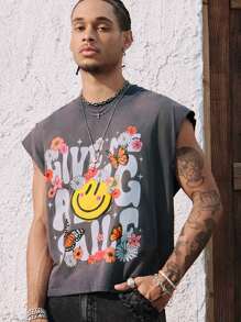 ROMWE MEN Casual Men's Vacation Washed Distressed Daisy & Letter Print Crew Neck Tank Top - Light Grey - View 1