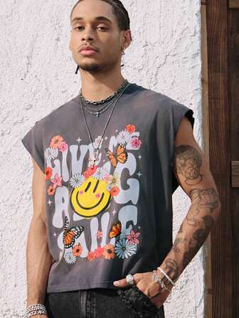 Street Life Men's Vacation Washed Distressed Daisy & Letter Print Crew Neck Tank Top