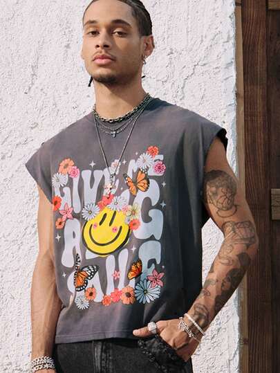 Street Life Canottiera da uomo con scollo a equipaggio, stampa di margherite e lettera, effetto slavato e consumato