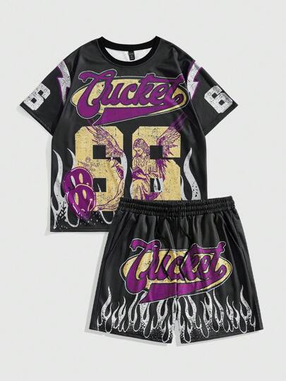 Prep 2 Stücke Herren Sport T-Shirt mit Buchstaben-Muster und Shorts Set