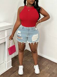 SHEIN PETITE CURVE Top ample style basique à encolure ronde et épaules dénudées, tailles grandes - Rouge - Voir 5