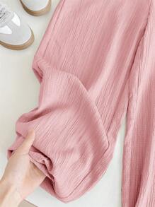 SHEIN LMoss Kids Pantalones anchos de pierna ancha con cintura elástica con cordón de tela texturizada para niñas preadolescentes