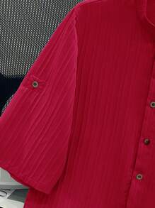 SHEIN 1pc Teen Boys' Casual Collegiate Comfortable Textured Fabric Stand Collar Patch Pocket Versatile Shirt - Red - View 5