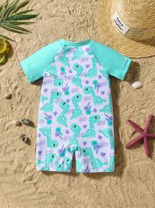 Newborn Baby Cartoon Print Short Sleeve Zipper Swimsuit Baby Clothes Summer Summer Baby Clothes Tropical Baby Clothes Girl Baby Summer Clothes Baby Clothes Summer - Mint Green - View 2