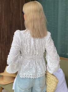 Livesso Blusa corta estiva da donna con scollo quadrato, vita stretta e ricami traforati