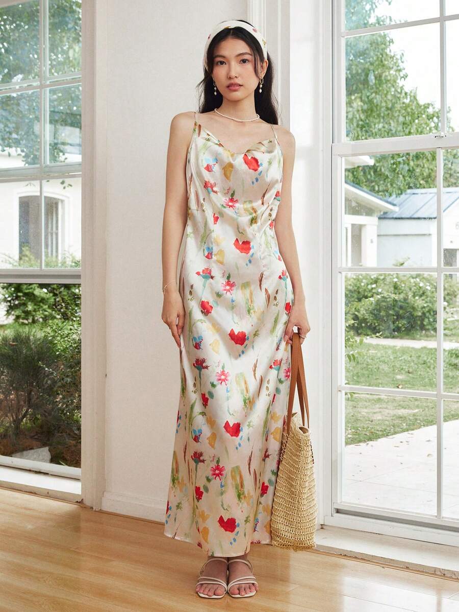 SHEIN LUNE Abito lungo da donna con scollo a goccia, stile vacanza estiva 2025, con stampa floreale a olio, (taglio asimmetrico a motivo floreale) - Multicolore - Visualizzare 1