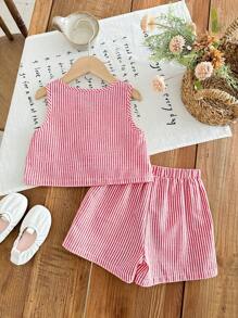 SHEIN 2 pièces Ensemble Top à col rond rayé tressé et shorts tressés pour jeune fille - Rouge - Voir 2