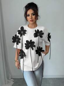 Chiquease Women's Elegant 3D Flower Pink Short Sleeve T-Shirt, Suitable For Valentine's Day - Multicolor - View 3