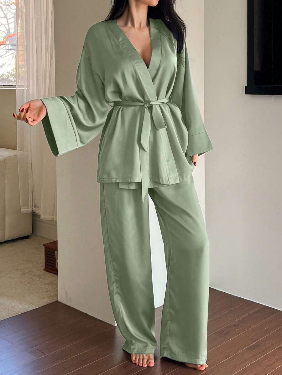 DAZY Minimalist Satin Robe With Pants Pajama Set - Green - View 1