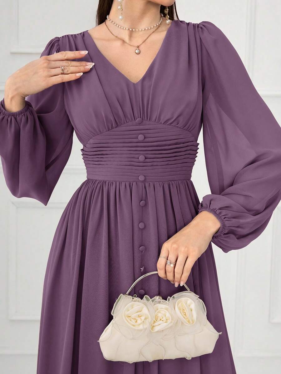 Modelyn 女士优雅纯色灯笼袖连衣裙