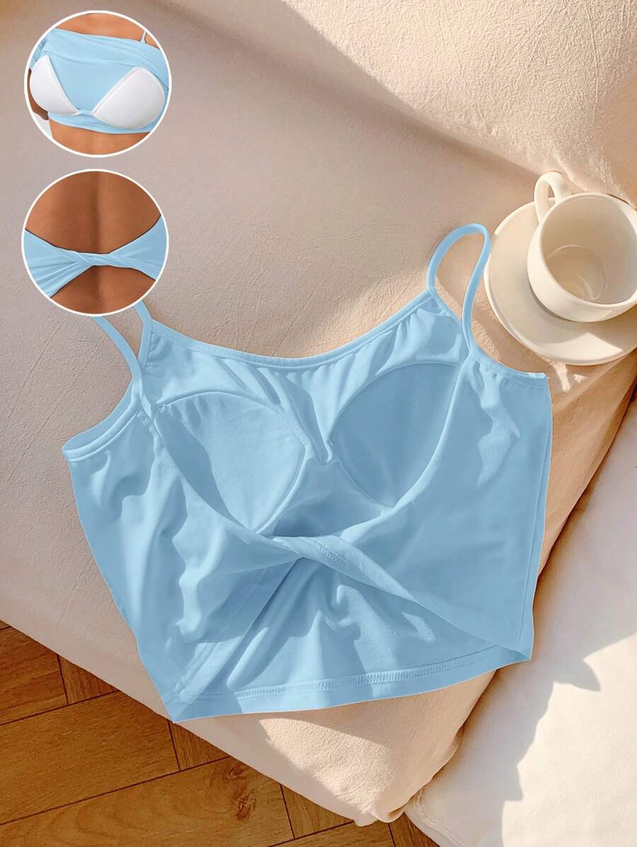 Comfortcana Blue Padded Backless Twist Front Camisole Tank Top For Women, New Spring/Summer Summer