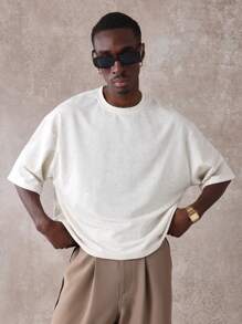 SUMWON Essential Crop Fit Short Sleeve Oversized T-Shirt Urban Streetwear Basic Athletic Gym Everyday Casual Summer Spring Top Boxy Premium - Beige - View 2