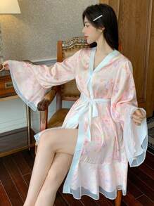 DAZY Bata de kimono con estampado floral, encaje y volantes en los bordes