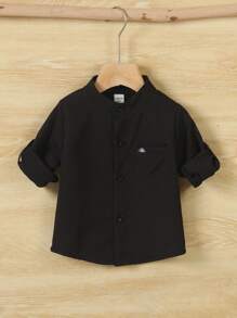 1 件装 幼儿男童中式立领白色编织衬衫，带口袋和刺绣，秋冬款