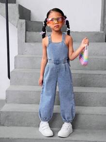 SHEIN Young Girl Y2K Denim Sleeveless Jumpsuit With Back Big Bow Accent - Light Wash - View 4