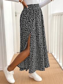 SHEIN Tall CURVE Plus Size Summer Vacation Ditsy Floral Split Hem Skirt