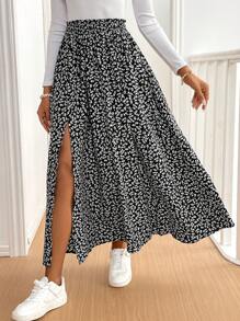 SHEIN Tall CURVE Plus Size Summer Vacation Ditsy Floral Split Hem Skirt