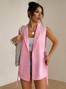 Chiquease Women Solid Color Distressed Side Knot Design Suit Vest - Pink - View 5