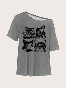 SHEIN Essnce Casual Minimalist Allover Cat Print Off Shoulder Dropped Sleeve Loose Short Sleeve T-Shirt For Women, Suitable For Summer - Multicolor - View 1
