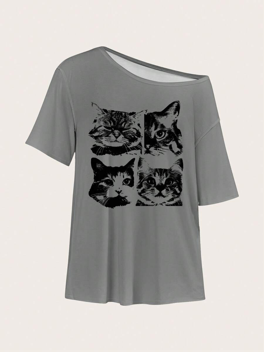 SHEIN Essnce Casual Minimalist Allover Cat Print Off Shoulder Dropped Sleeve Loose Short Sleeve T-Shirt For Women, Suitable For Summer - Multicolor - View 1